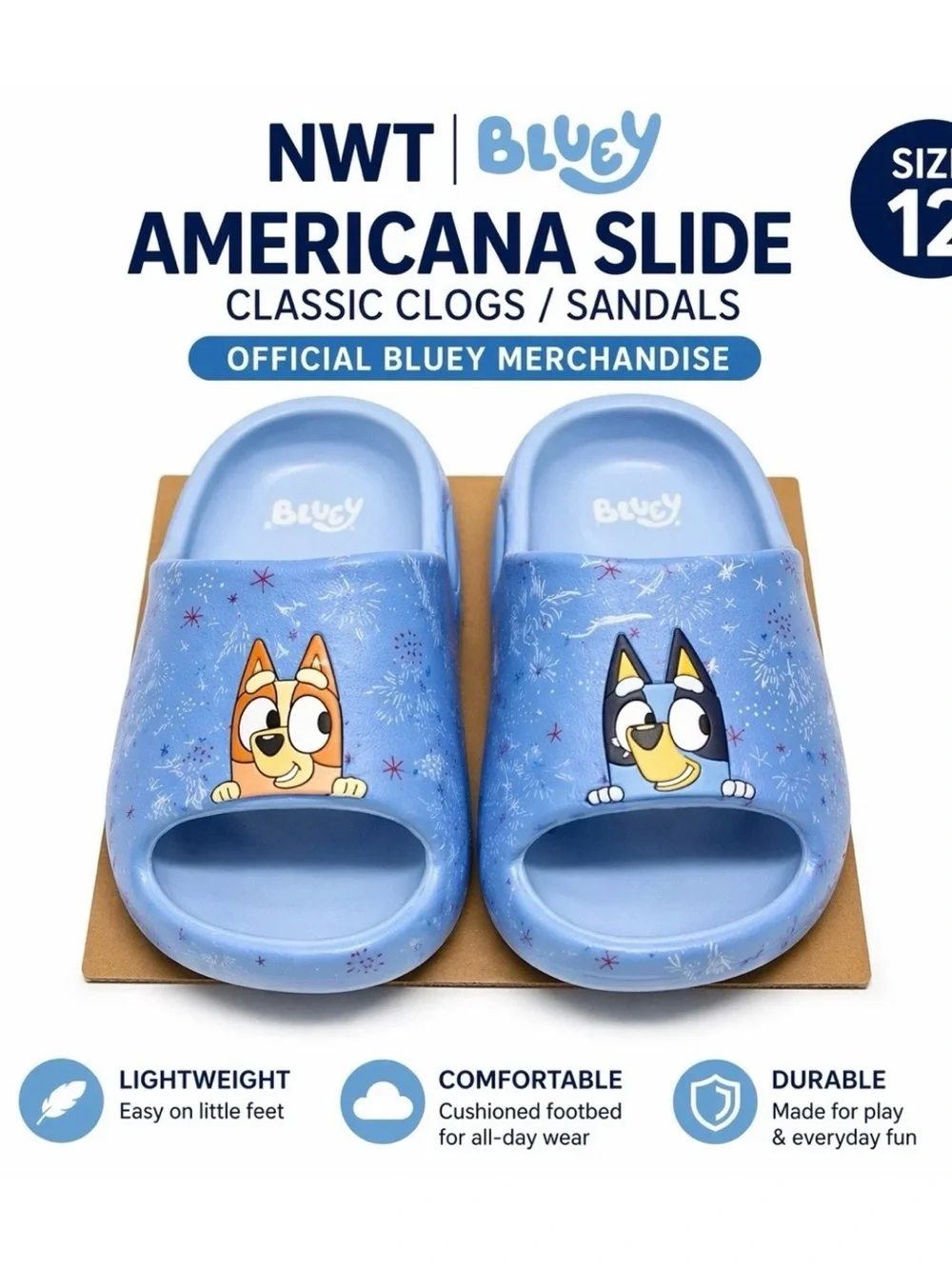NWT Toddler Bluey ‘Americana’ Slide Classic Clogs Sandals Blue Size 12